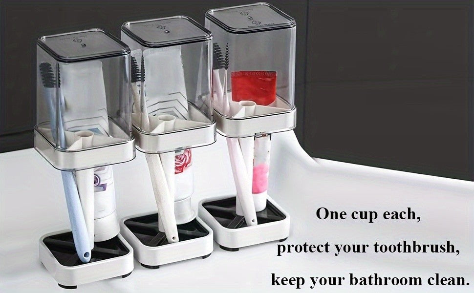 Wall-Mounted Toothbrush Holder in White with Listed Mouthwash Cup, Bathroom Wall Organizer for Daily Oral Care Storage in Shared Homes and Dorm Spaces