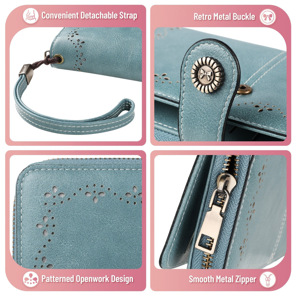 Bowknot Badge Long Wallet for Women with Wrist Strap and Zipper Closure, Retro Solid-Color Wristlet Purse in Seven Shades for Everyday and Travel Organization