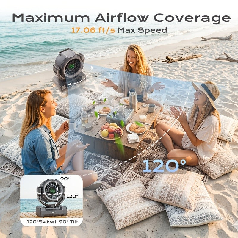 Display-Screen Camping Fan with Listed 24000mAh Rechargeable Battery, Five Speeds, USB Charging and Tent Hook for Campsite, BBQ and Home Power-Outage Airflow
