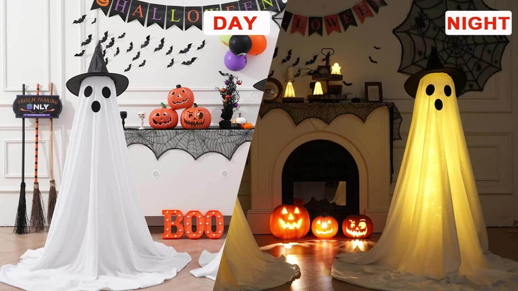 Witch Hat Ghost Decorations, Two-Piece Lighted Halloween Display Set with String Lights in White Ghost or Warm Color Options for Seasonal Home and Party Decor