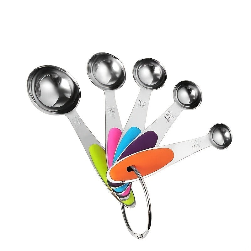 Stainless Steel Measuring Spoon Set with Silicone Handles, Five-Piece Kitchen Measuring Tools in Random Colors for Everyday Home Cooking and Baking Prep
