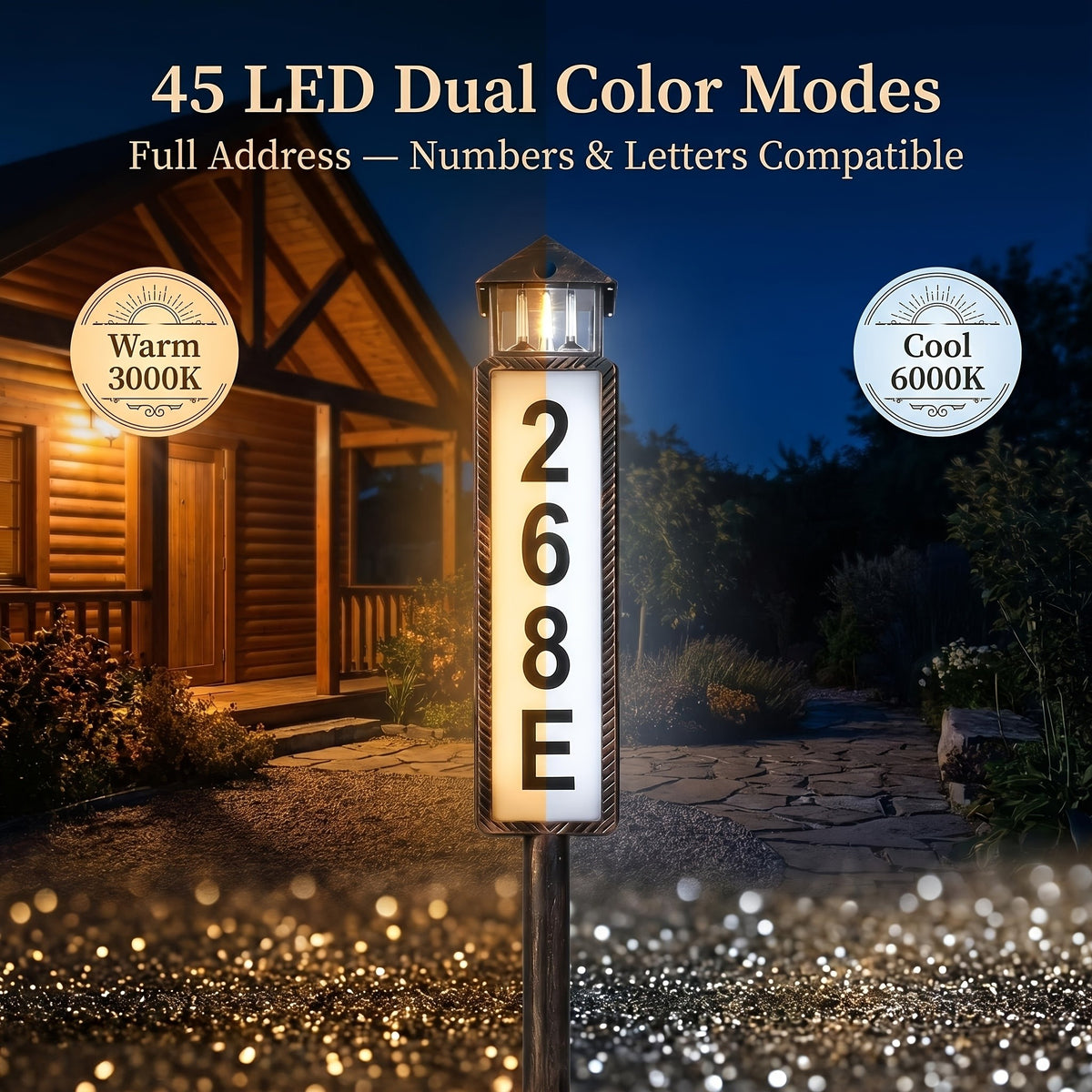 Solar LED Address Sign, House Number Display Board with Three Adjustable Color Mode Label, Black or Retro Design Options for Entryways and Courtyards