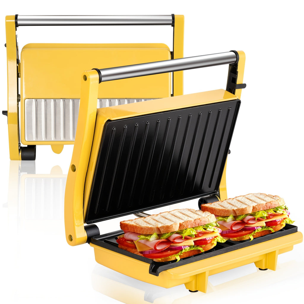 Floating-Hinge Panini Press and Indoor Grill with Nonstick Plate Wording, 180-Degree Opening and Grease Tray, Color or Timer-Control Options for Sandwiches