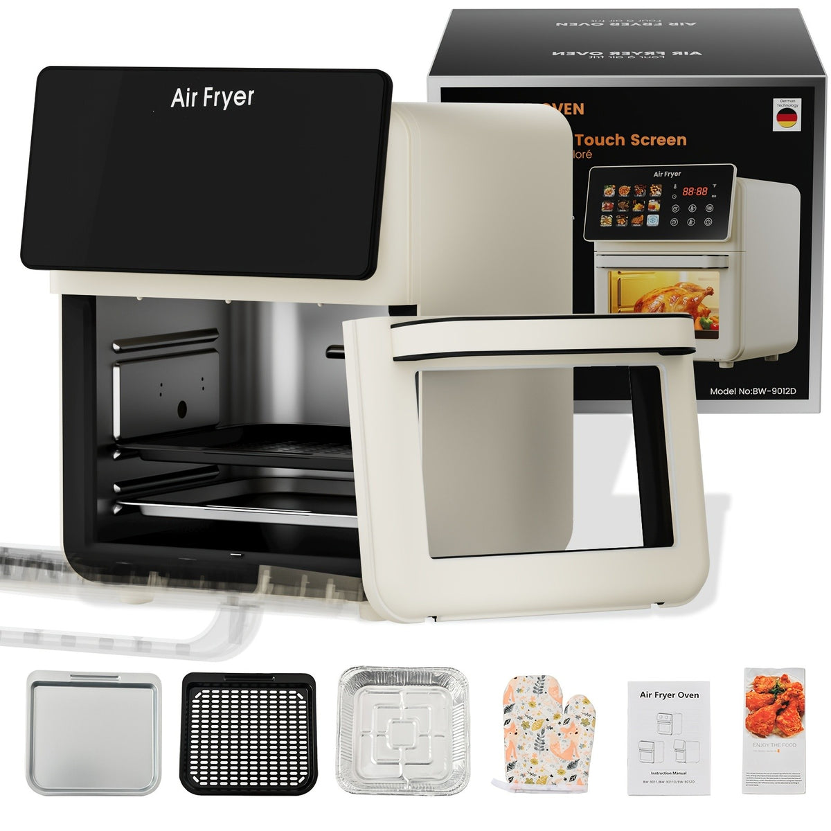 White Air Fryer Oven and Grill Combo with Listed 2.64gal Capacity, 12-in-1 Convection Cooking Design, Glass Viewing Window, Nonstick Basket and Removable Door