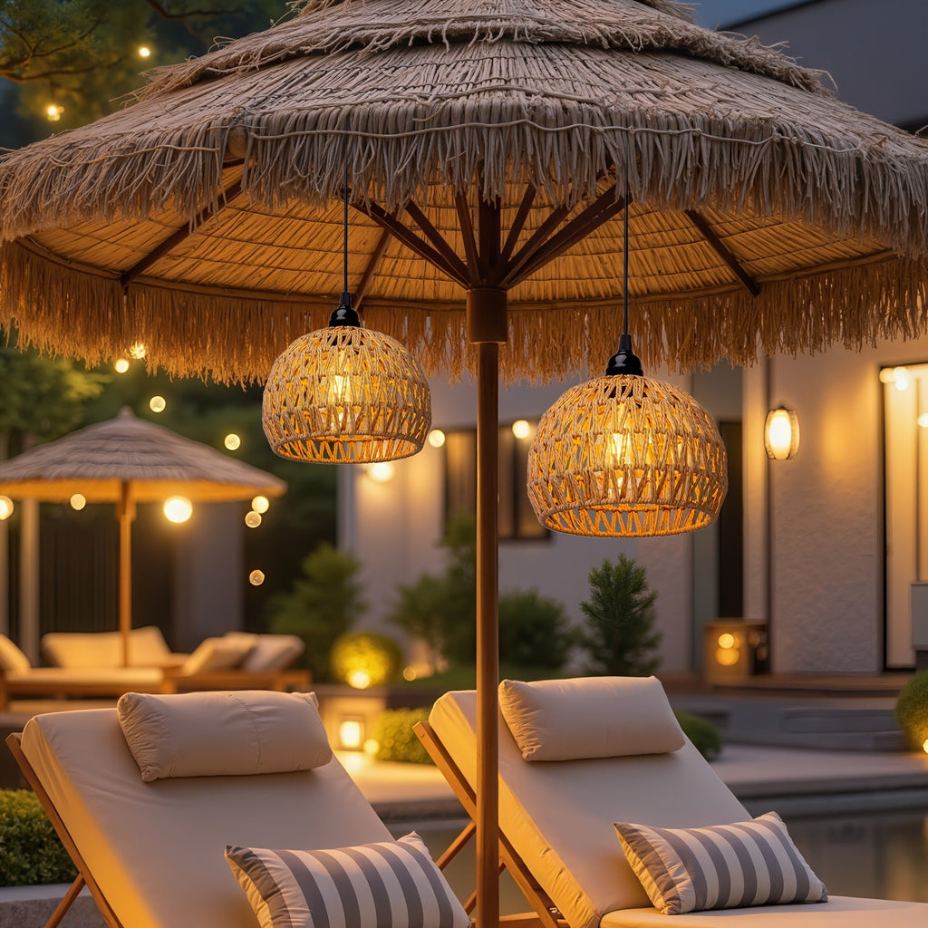 Battery Pendant Lights in a Two-Piece Woven Rattan-Style Set with Remote Control, Dimmable Warm White LED and Timer for Decorative Hanging Displays