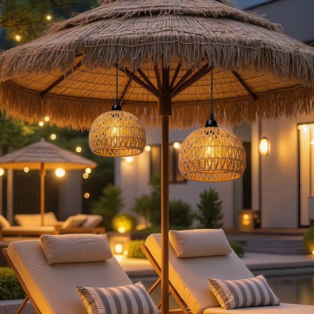 Battery Pendant Lights in a Two-Piece Woven Rattan-Style Set with Remote Control, Dimmable Warm White LED and Timer for Decorative Hanging Displays