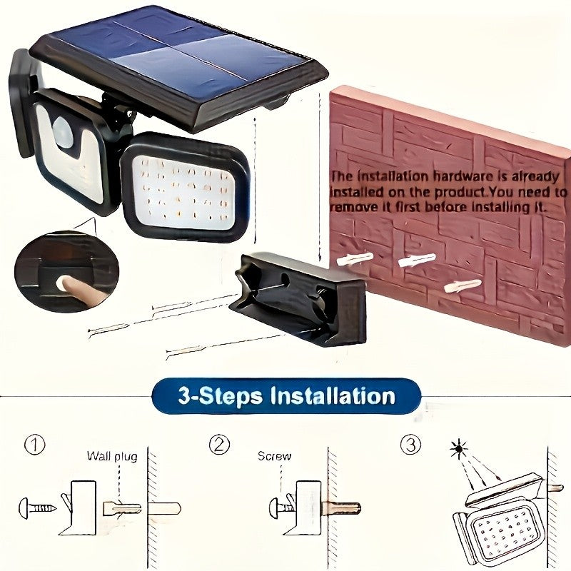 Three-Head Solar Motion Sensor Light with Listed 120 LEDs and 270-Degree Coverage, Outdoor Wall Floodlight in Single or Four-Pack Options for Yard and Garage