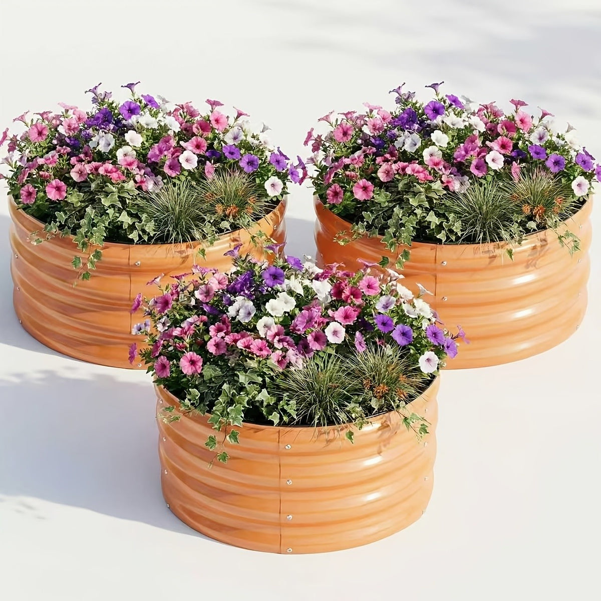 Compact Steel Raised Garden Bed Set with Three Open-Bottom Planters, Rubber Top-Rim Strips and Approximate 2x2x1ft Size in Green, Orange or Blue