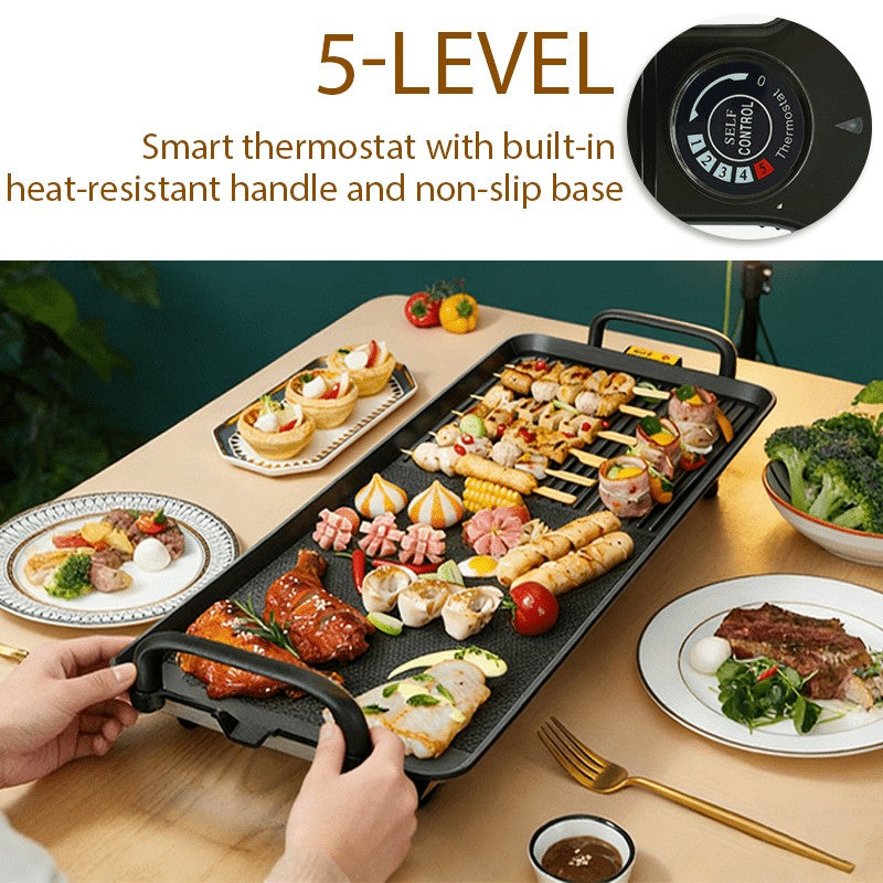 Electric Grill Pan Combo, Black 22.83-Inch Model with Nonstick Coating, Adjustable Temperature and Drip Pan for Steak, Skewers and Home Dinner Gatherings