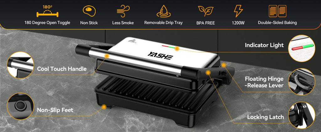 YASHE Panini Grill Press ZJ-521 with 1200W Heating, Nonstick Cast Aluminum Plates, Two-Slice Bread Capacity, 180-Degree Opening and Ready Indicator Lights