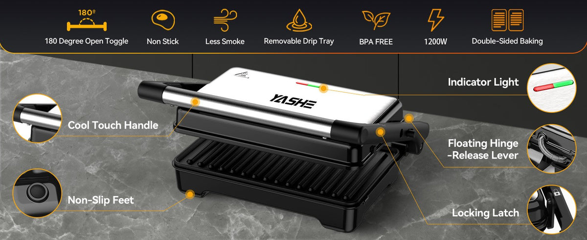 YASHE Panini Grill Press ZJ-521 with 1200W Heating, Nonstick Cast Aluminum Plates, Two-Slice Bread Capacity, 180-Degree Opening and Ready Indicator Lights