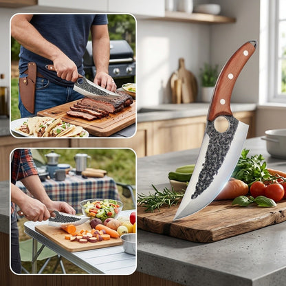 Viking Style Chef Knife with Sheath and Listed Sourwood Handle, Approximately 7-Inch High Carbon Steel Blade for Meat and Vegetable Prep, Camping Cooking and BBQ