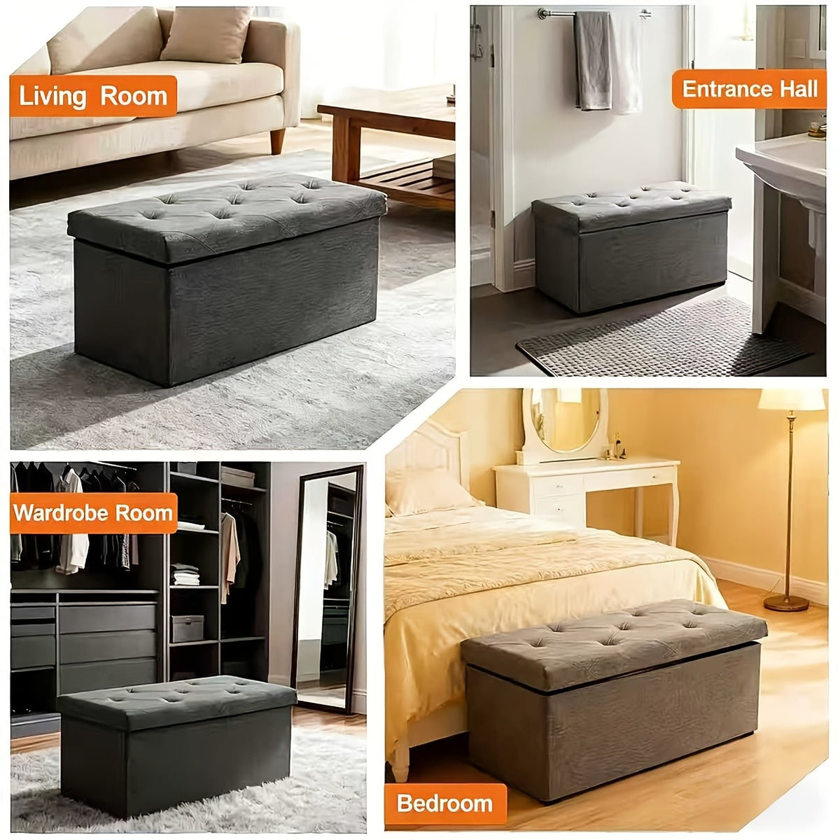 Folding Storage Ottoman Bench in Grey, Padded Seat and Storage Chest with 43-Inch Model Label for Bedroom, Living Room and End-of-Bed Organization