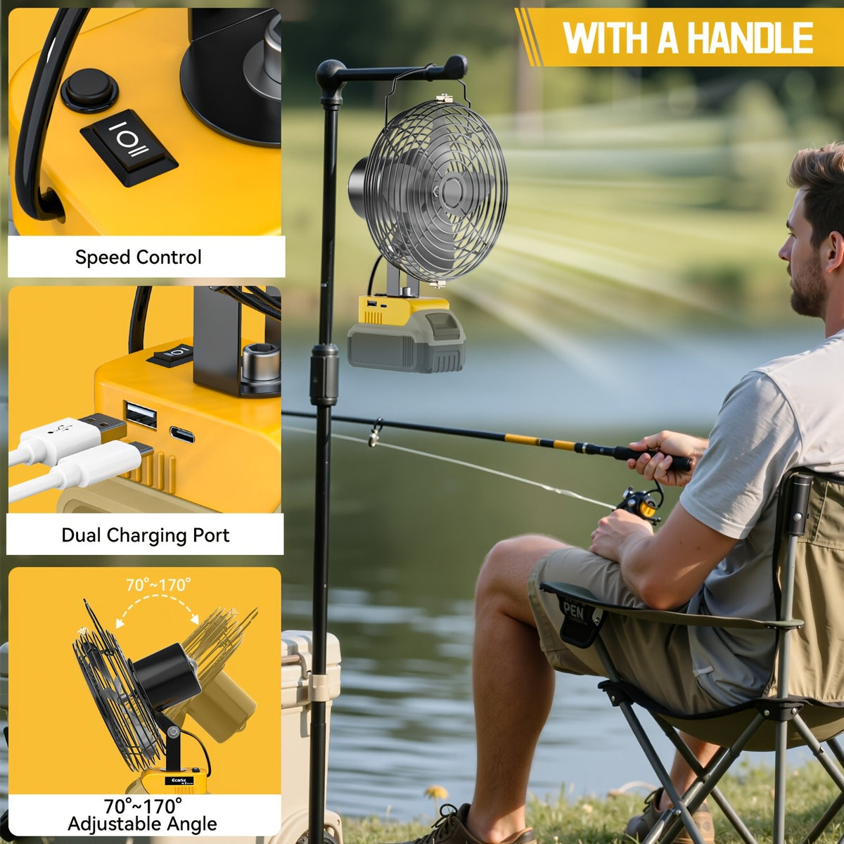 Cordless Jobsite Fan by Ecarke with 8-Inch Model Labels, USB-C Power Bank Feature and Low-Voltage Protection for Garage and Workshop Use, Battery Not Included
