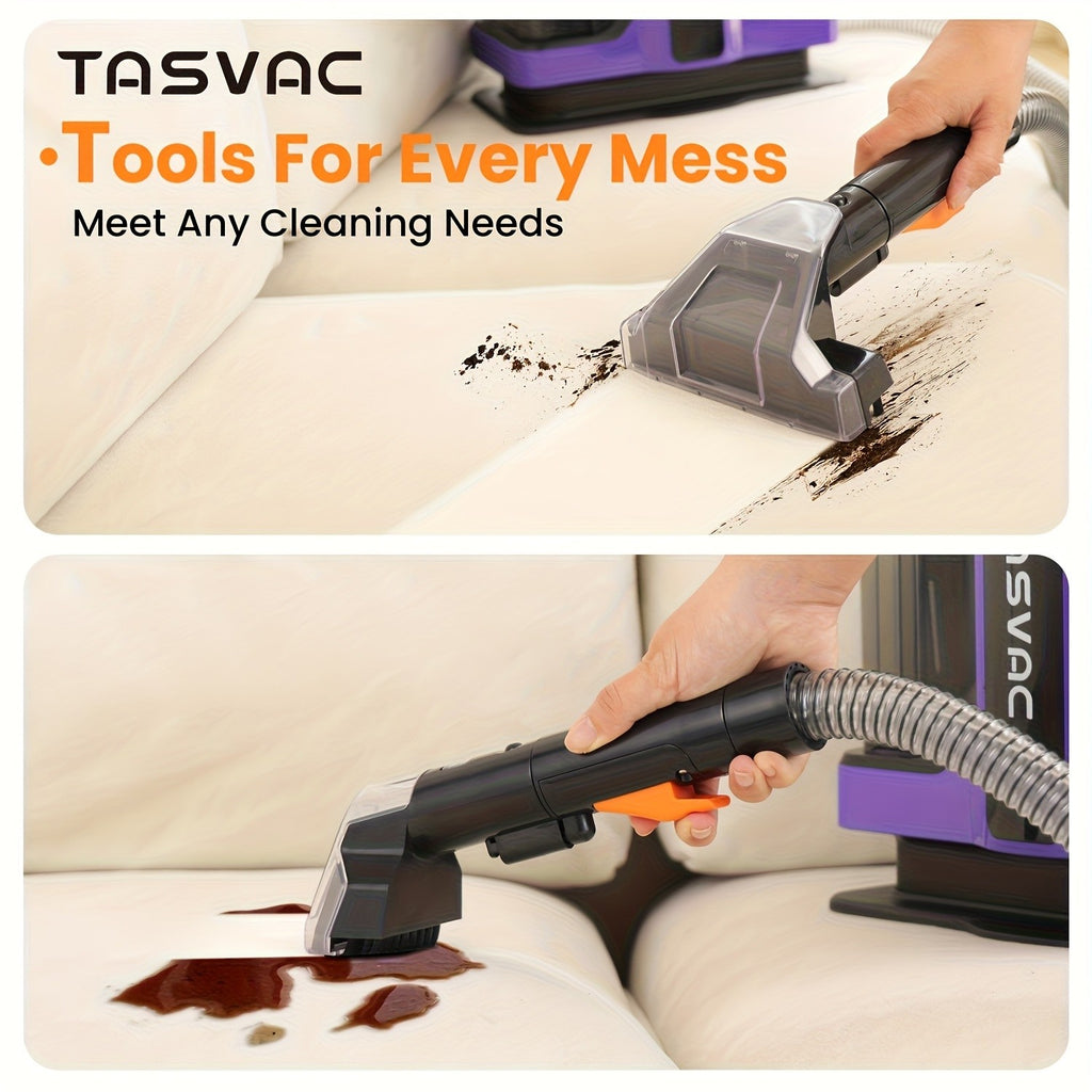 Dual-Tank Fabric Spot Cleaner with Two Listed Brush Tools and Trial Formula, TASVAC C7 Source Specifications for Carpet and Upholstery, Purple or Black Red Options