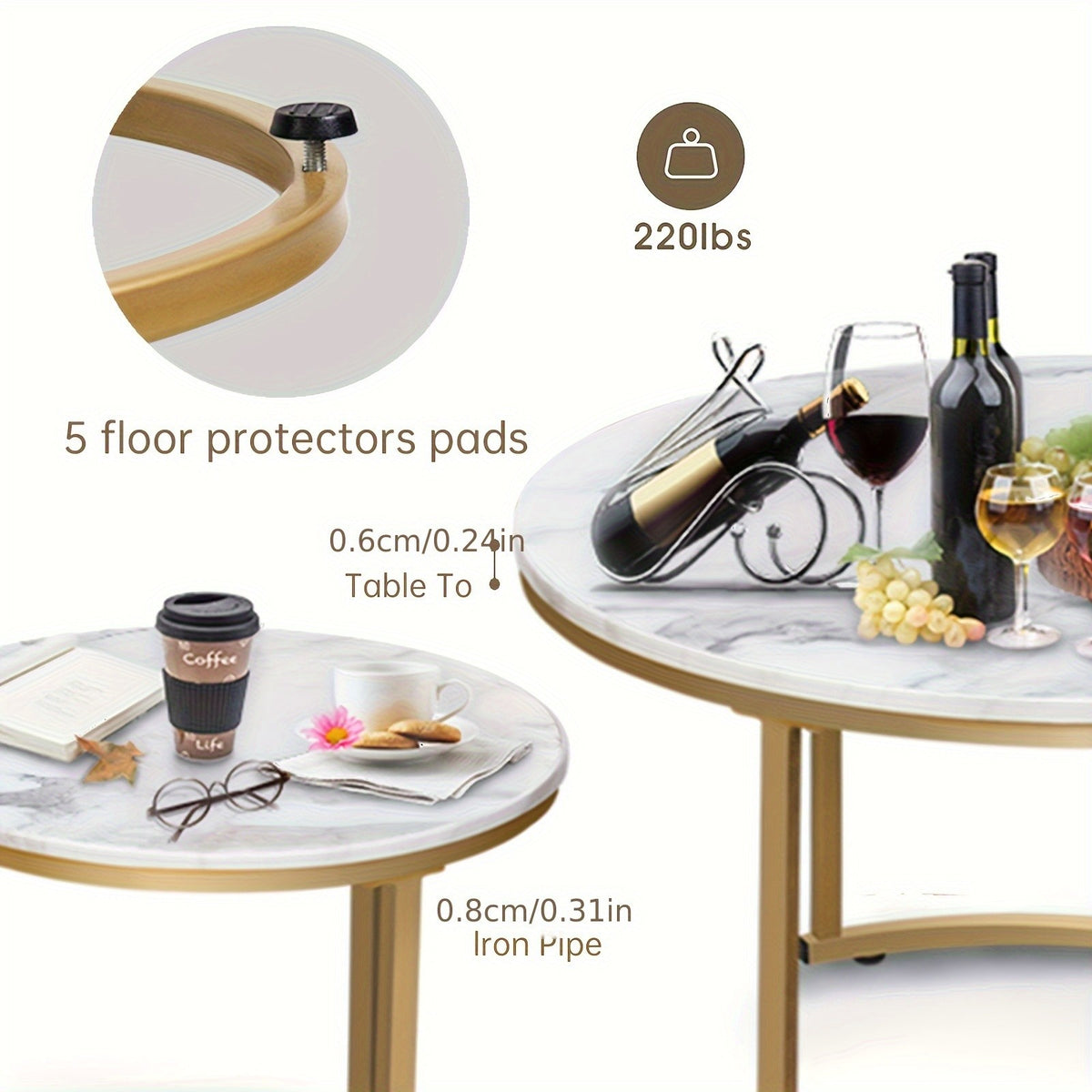 Round Nesting Tables Set of Two for Living Room and Bedroom, Modern Circular Accent Tables with Seven Finish Options Including White Faux Marble and Gold