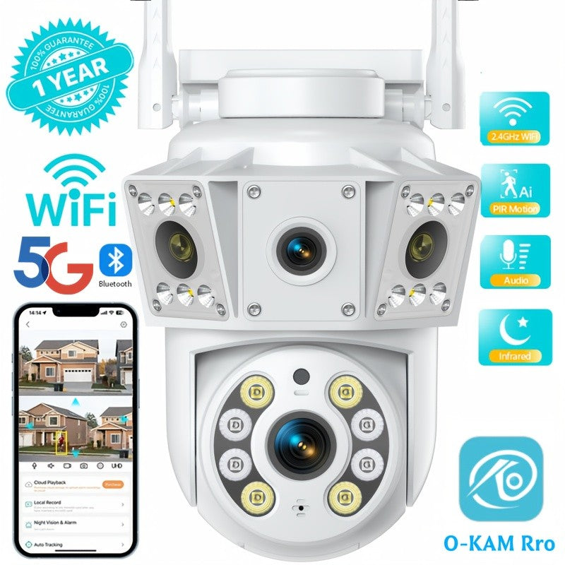 Dual-Band WiFi Surveillance Camera with Listed 6MP Dual Lenses, Human Tracking, Color Night Vision and Two-Way Audio in White for App-Based Home Monitoring