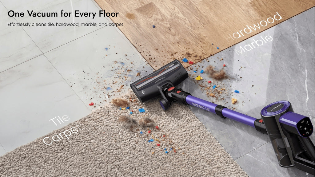 Detachable-Battery Cordless Vacuum Cleaner in Purple with Listed 46kPa Suction, Six-Stage Filtration and V-Shaped Brush Features for Home Floor and Pet Hair Cleanup