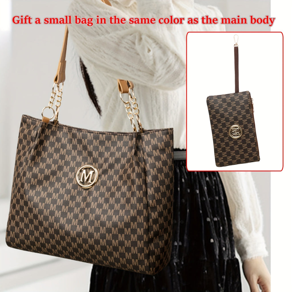 Lotus Print Shoulder Bag Set for Women with M Letter Pattern and M-Shaped Hardware, Listed Two-Piece Fashion Set with Fixed Shoulder Strap in Brown, Black or Beige