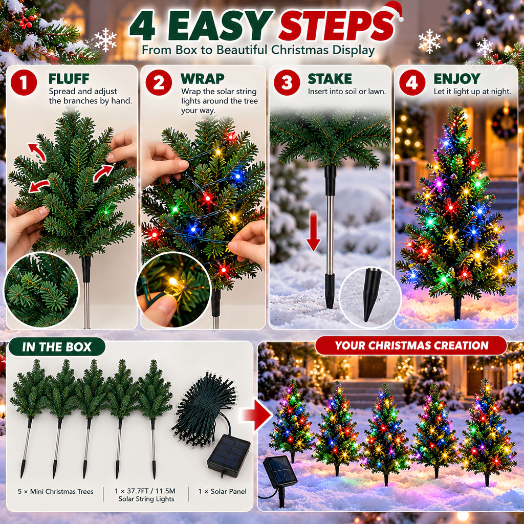 Solar Christmas Tree Stake Lights with DIY Branch Shaping and Separate Multicolor String, LDSDS-LD-5 or LDSDS-LD-10 Model Options for Garden Holiday Displays