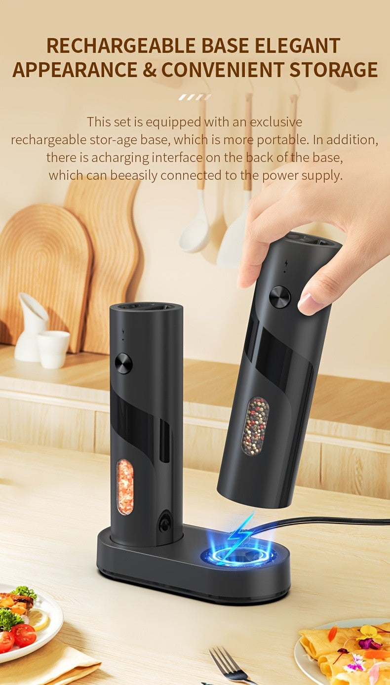 LED Salt and Pepper Grinder with Rechargeable Electric Grinding and Adjustable Coarseness, Black or Green Options Including Two-Piece Charging-Base Labels