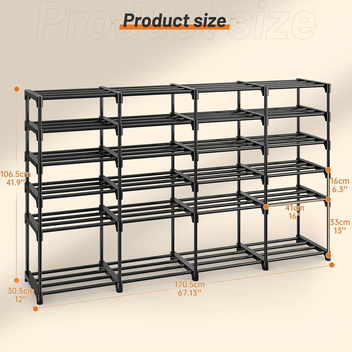 Four-Column Shoe Rack in Black with Six- or Nine-Tier Model Options, Listed Metal Construction and Customizable Layout for Entryway, Bedroom and Closet Footwear Storage