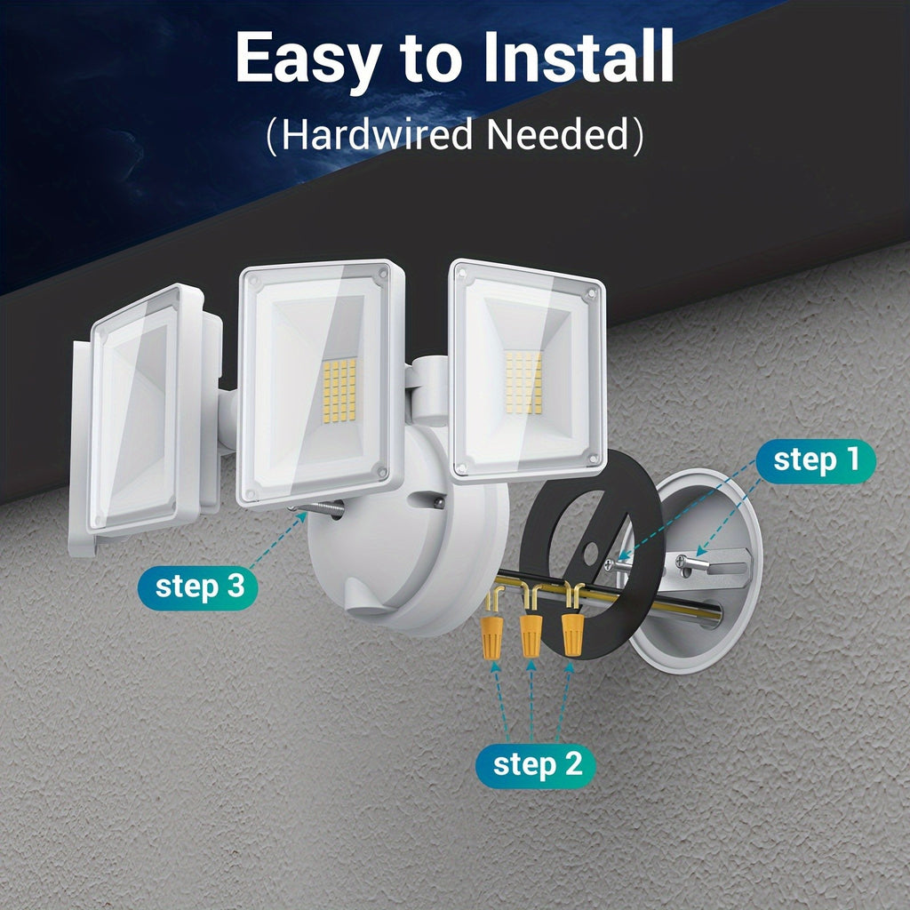 Hardwired LED Security Floodlight by USTELLAR, 100W 10000lm 5000K White Four-Head Outdoor Light with Adjustable Heads and Wall-Switch Control for Eaves and Backyards