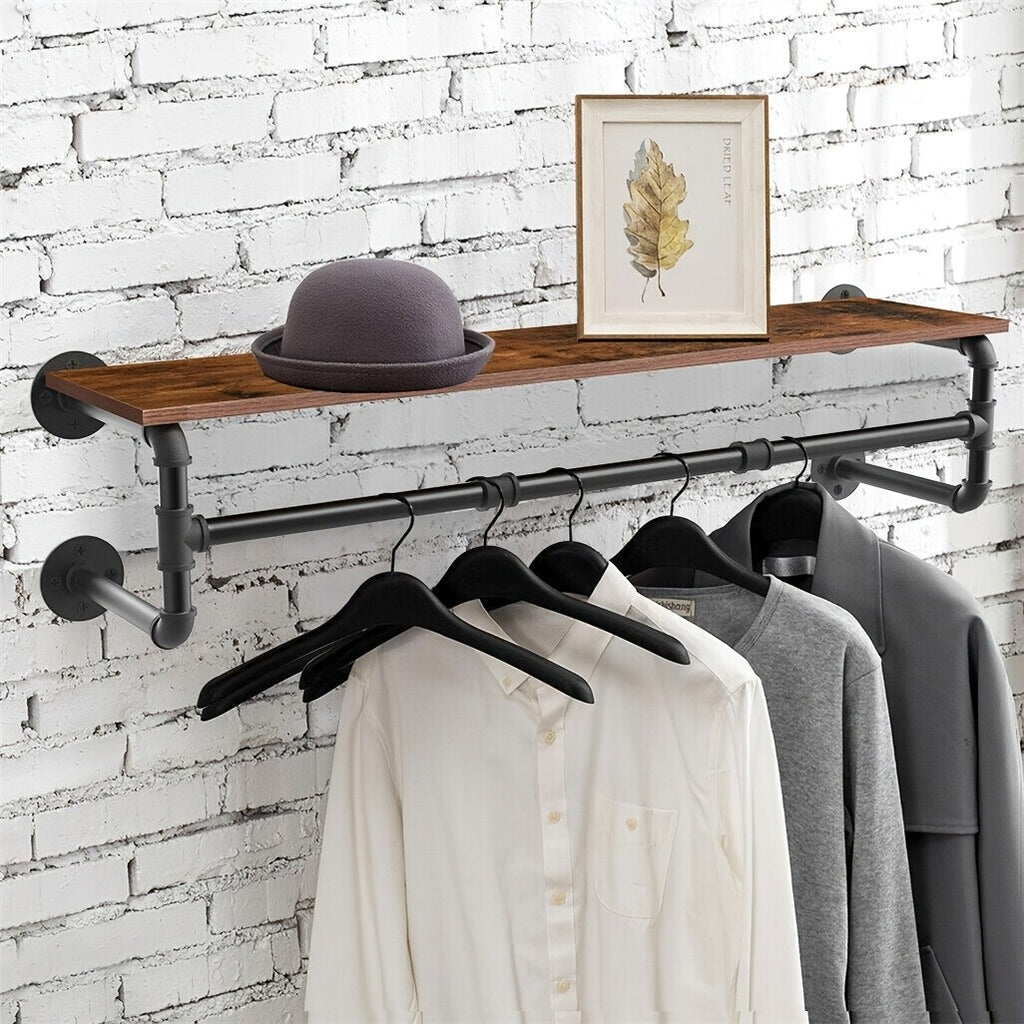Industrial Pipe Clothes Rack by AESOME, 39.3-Inch Wall-Mounted Hanging Rod with Wood Top Shelf and Three Hooks in Black and Dark Brown for Closet Storage
