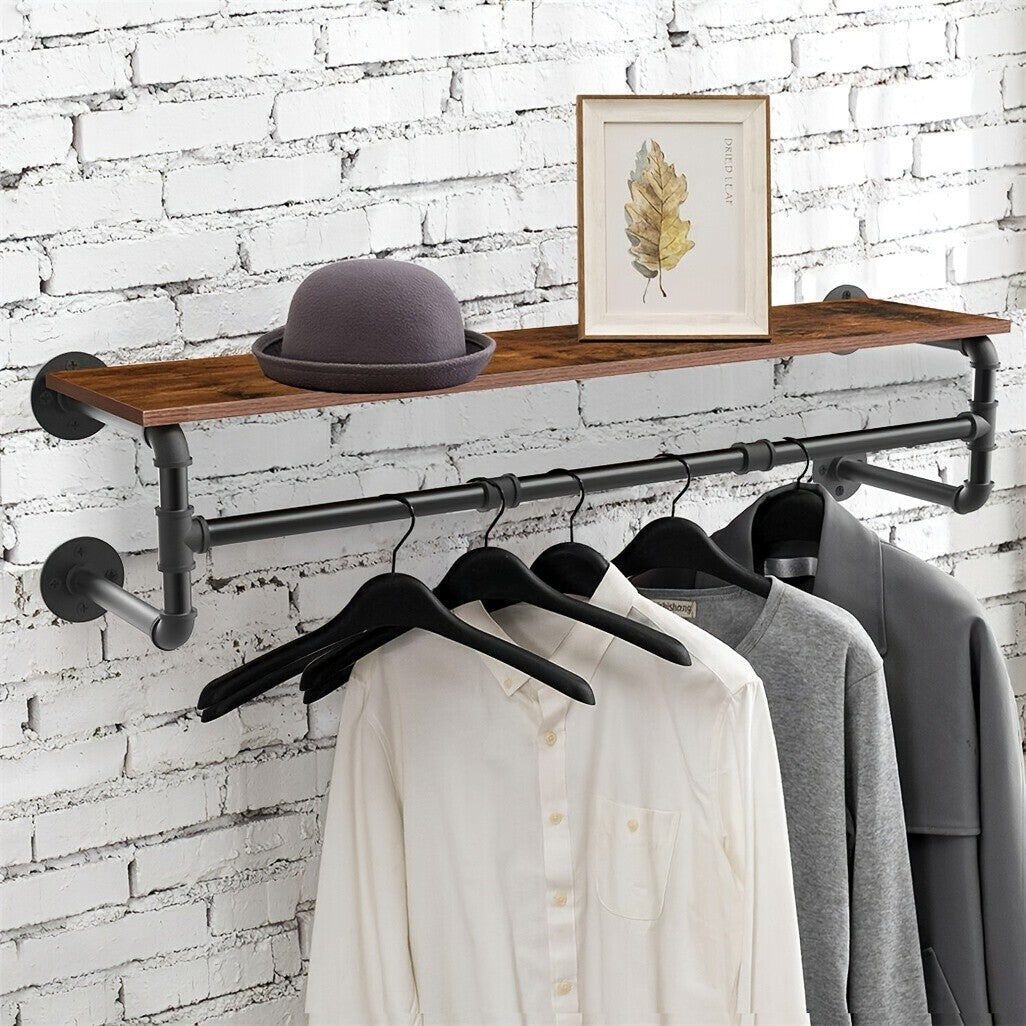 Industrial Pipe Clothes Rack by AESOME, 39.3-Inch Wall-Mounted Hanging Rod with Wood Top Shelf and Three Hooks in Black and Dark Brown for Closet Storage