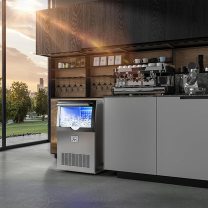 Commercial Ice Maker with 13lb Storage Bin, Listed 100lb Daily Production, Silver Freestanding or Under-Counter Machine with Water Filter, Scoop and Hose