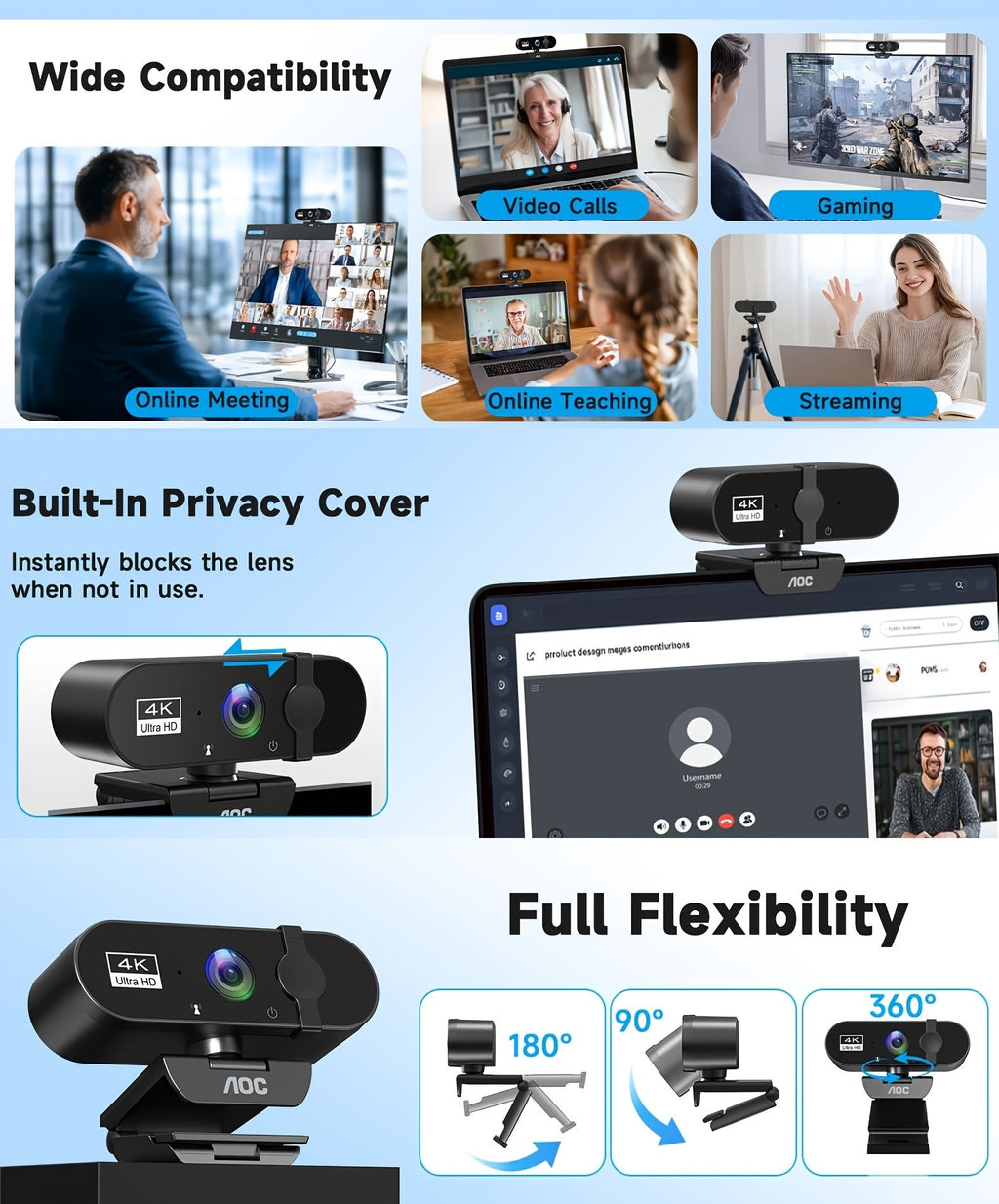 AOC 4K USB Webcam in Starry Black with Microphone, Noise Cancellation, Privacy Cover and 99 Degree Field of View for PC Meetings and Live Streaming