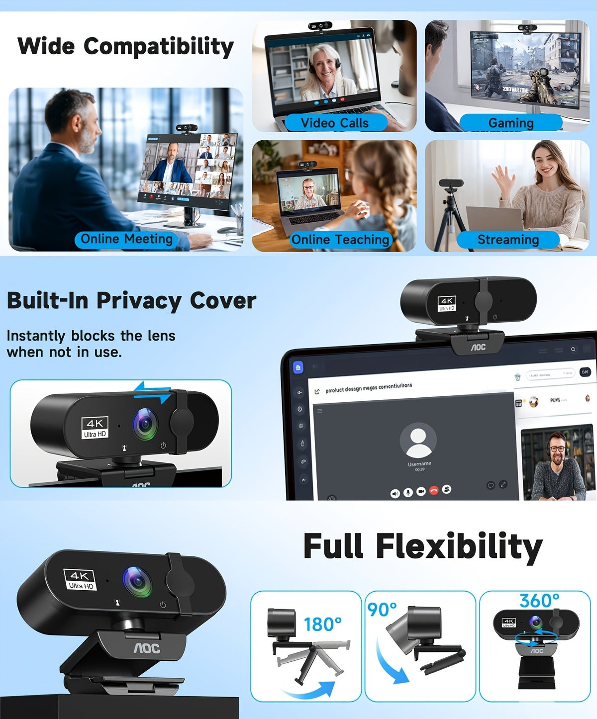 AOC 4K USB Webcam in Starry Black with Microphone, Noise Cancellation, Privacy Cover and 99 Degree Field of View for PC Meetings and Live Streaming