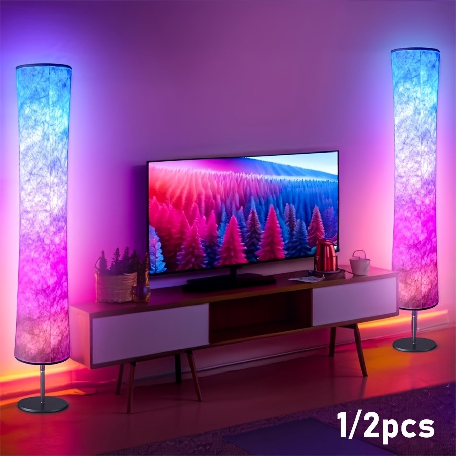 Smart LED Floor Lamp with White Fabric Shade, Music Sync, Color Scene Modes and App or Remote Control, 1pc or 2pcs for Living Rooms and Gaming Spaces