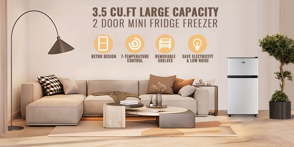 Compact Fridge Freezer by WANAI, Double-Door 3.5 or 4.5 Cu Ft Options with Seven-Level Thermostat, Removable Shelves and Listed LED Light for Apartment and Office