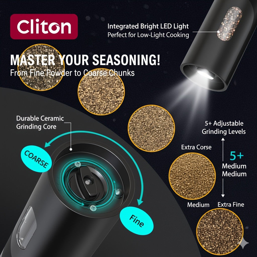 LED Salt and Pepper Grinder with Rechargeable Electric Grinding and Adjustable Coarseness, Black or Green Options Including Two-Piece Charging-Base Labels