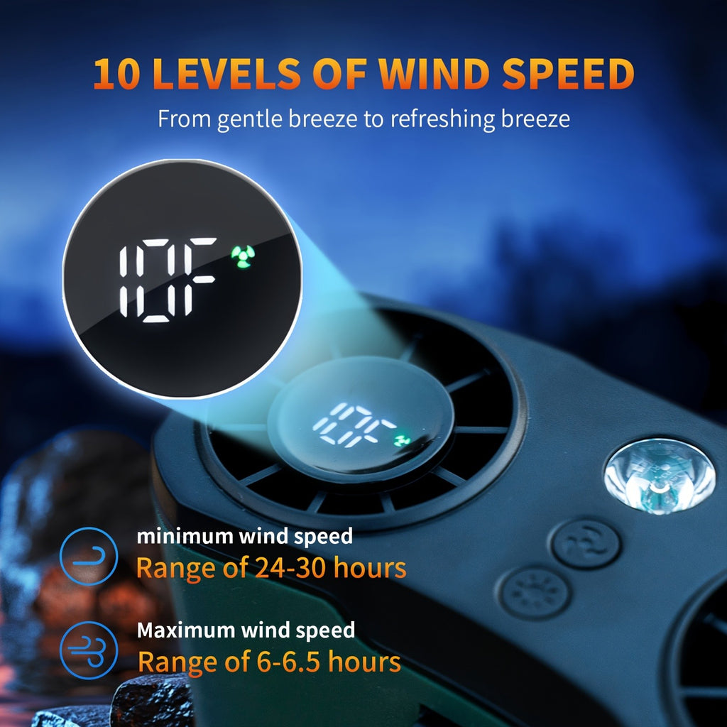 Wearable Waist Fan with Dual Air Ducts, 20000mAh Battery and 10 Speeds, USB-C Rechargeable HY-8022 with LED Light and Display for Camping, Fishing and Desk Use