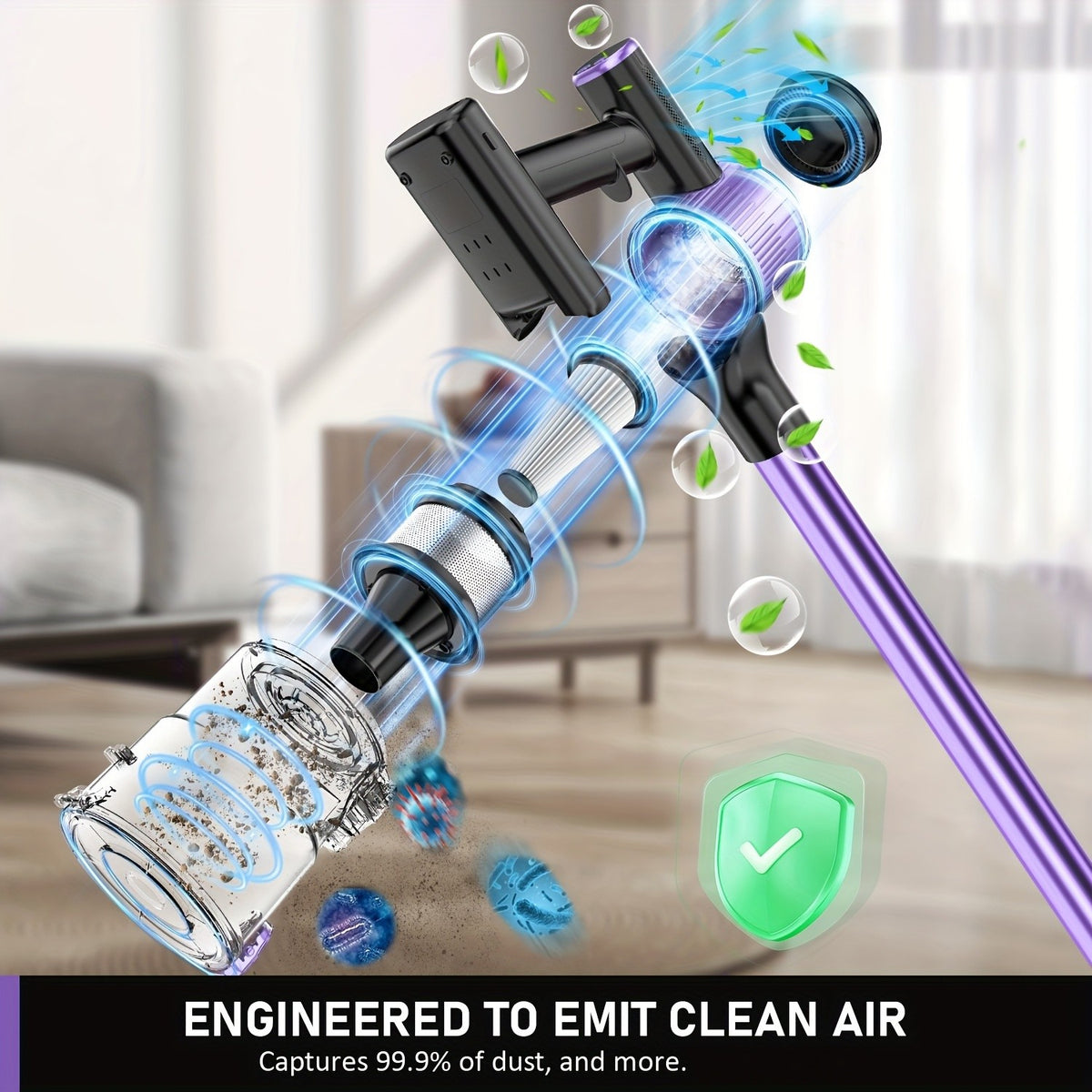 10-in-1 Cordless Stick Vacuum Cleaner, Lightweight Rechargeable Vacuum with Anti-Tangle Roller Brush, Upgraded Green LED Light and 45-Min Runtime, Powerful Suction for Hardwood Floors, Carpet, Pet Hair and Car Interior