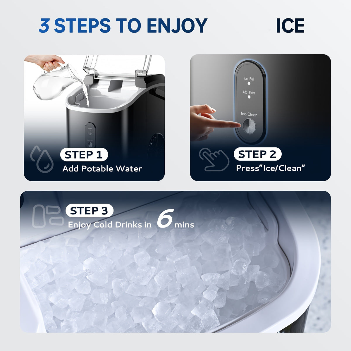 Lighted Countertop Nugget Ice Maker with Automatic Cleaning, Listed Black 37lb or Sliver 44lb Option Labels, Ice Scoop and Basket for Home Kitchen Drinks