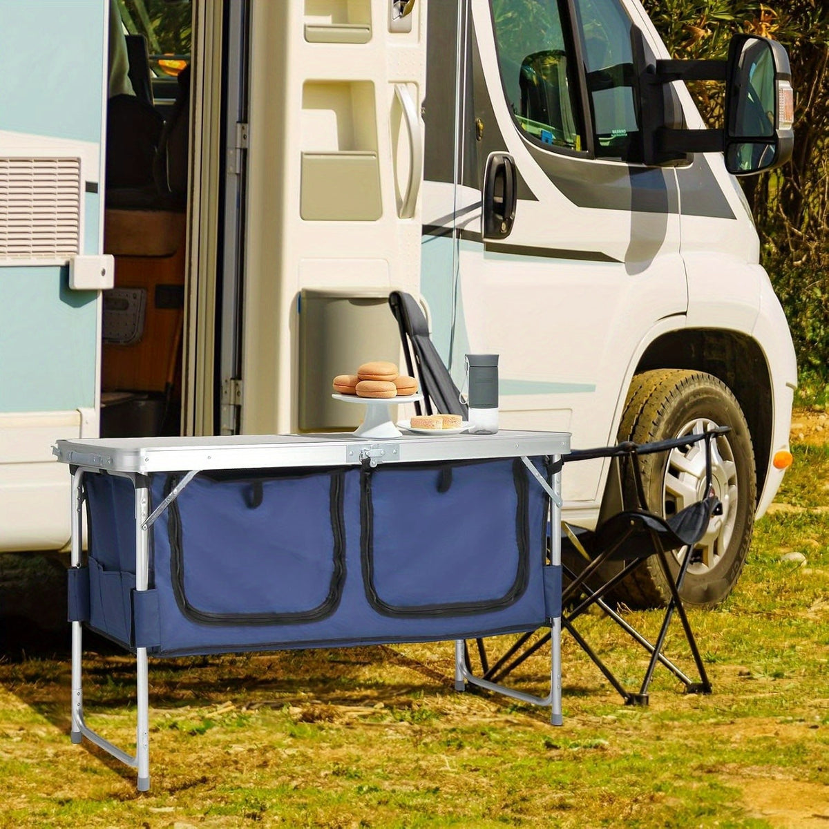 Camping Folding Table with Storage by Bonnlo, 4ft Adjustable-Height Aluminum Picnic Table in Five Color Options for Backyard BBQs, Patio Dining and Outdoor Gatherings
