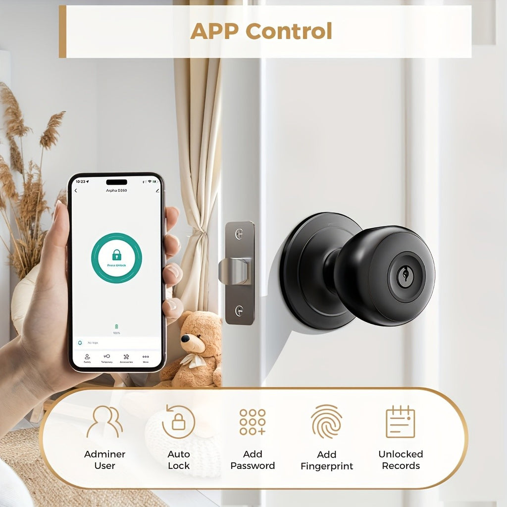 Replaceable-Battery Smart Door Knob by Arpha in Black with Listed Fingerprint, Passcode, Tuya App and Physical Key Access, Passage and Privacy Modes, Battery Excluded