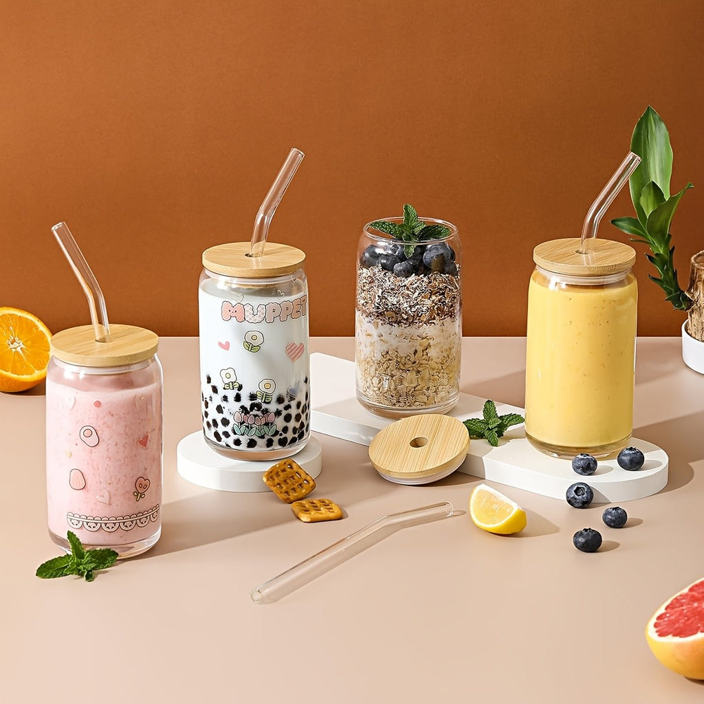 Iced Coffee Glass Set with 16oz Mason Jar Style Mugs, Bamboo Lids and Straws for Reusable Cold Beverage Serving at Home, Brunch Gatherings and Gift Giving