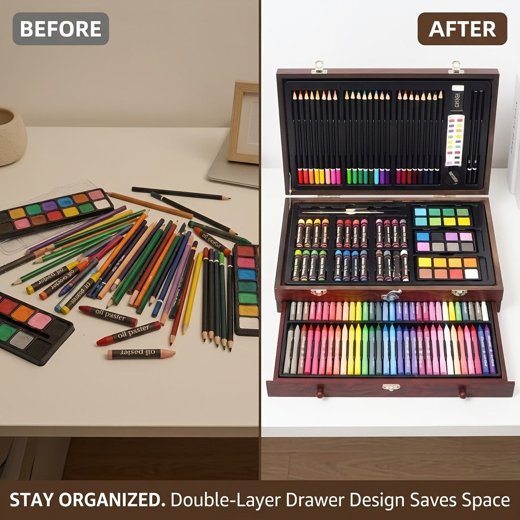 Wooden Case Art Set, 145-Piece Three-Layer Selection with Crayon, Oil Pastel, Watercolor Cake and Colored Pencil References for Drawing and Painting