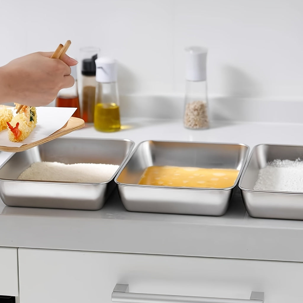 Stainless Steel Breading Tray Set with Three Food Prep Pans for Chicken Breast, Fish, Breadcrumb Coating and Meat Marinating in Home Kitchens