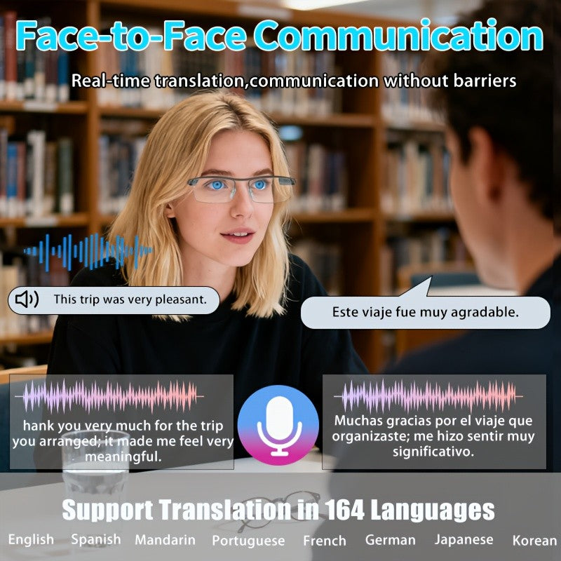 AI Audio Translation Glasses with Listed Microphone, Speaker, Music and Call Features, Full-Frame and Semi-Frame Style Options for Adult Travel and Office Conversations