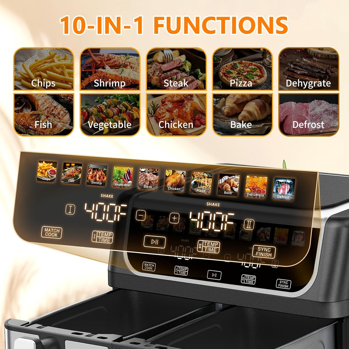 Dual Basket Air Fryer with Listed 9.5 Quart Capacity, Independent Temperature Control, Sync Mode, 10 Presets and Shake Reminder in Black or Gray