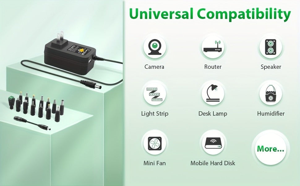 Adjustable AC/DC Power Adapter by ALITOVE, 3V–12V Selectable Output, 30W Maximum, 14 Connector Tips and Listed 5V 2.1A USB Port for Compatible Electronics