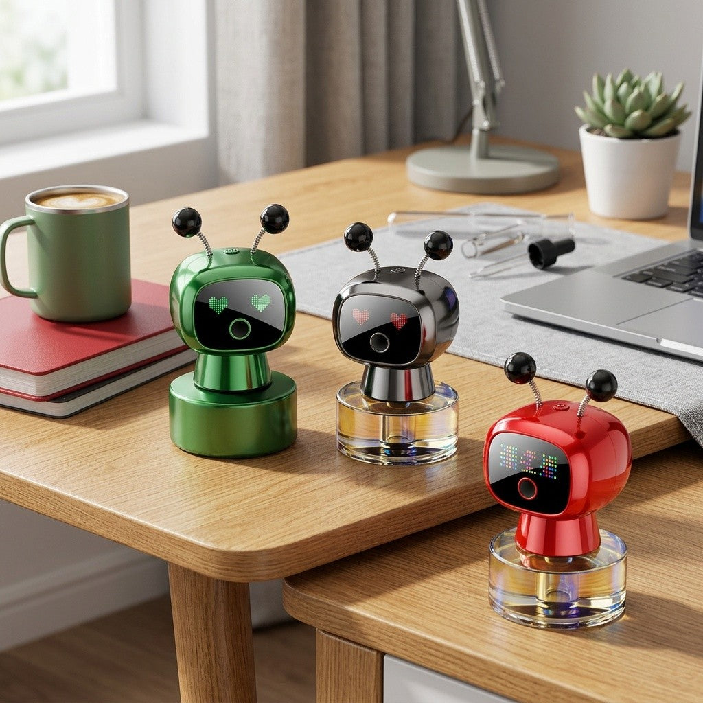 Robot Car Air Freshener with Dynamic Expressions, Automatic Start Stop Spray and Four Adjustable Fragrance Levels, Five Color and Scent Options