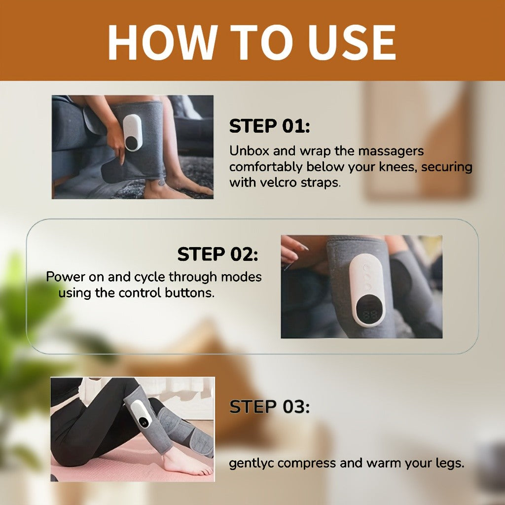 Grey Rechargeable Compression Leg Massager, One-Piece USB-Charging Device with Listed 2000mAh Battery, Three Intensity Levels and Three Temperature Settings