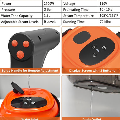 Handle-Controlled Steam Cleaning Machine with Listed 2500W Power and 57.48oz Water Tank, Black, Red or White Portable Steamer for Compatible Home and Car Surfaces