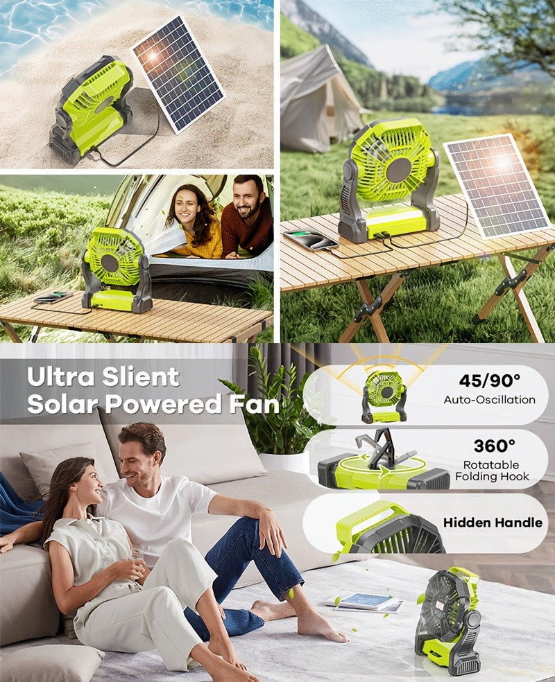 Solar Charging Camping Fan with Listed USB Battery Power and Hanging Hook, X98 Green or Black and X23 Pink, Green or Black Model Options for Picnic and Campsite Airflow